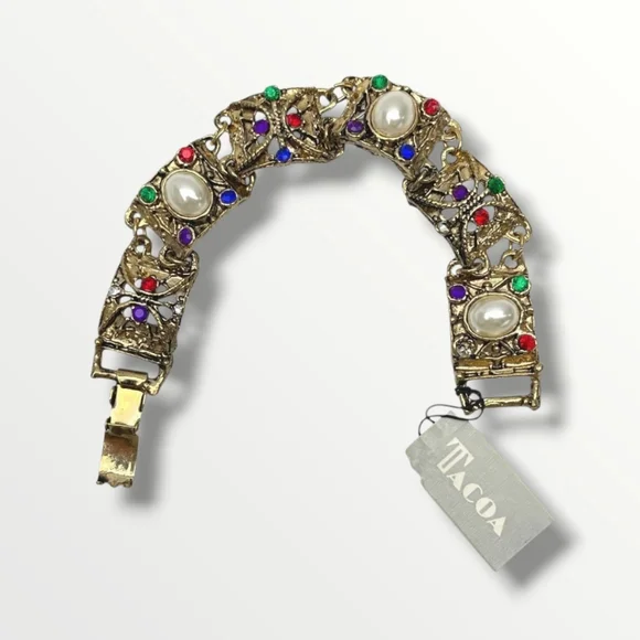 Vintage 90's TACOA Gold Panel Bracelet with Multicolor Crystal and Pearl Accents - Picture 2 of 6